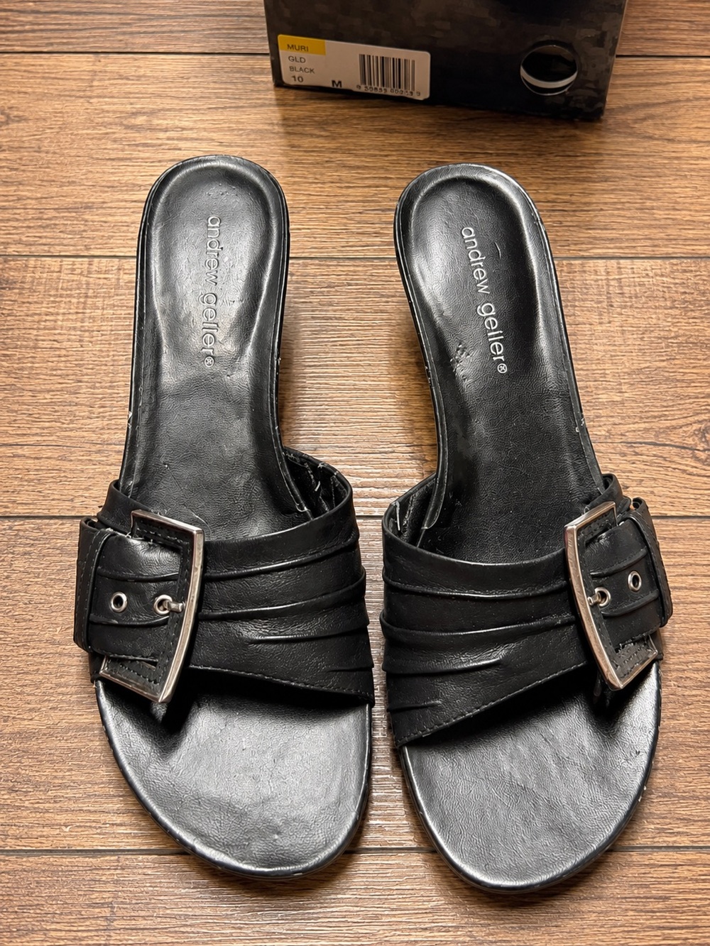 Andrew Geller Clio Black Leather Buckle Slide Sandals Womens 10